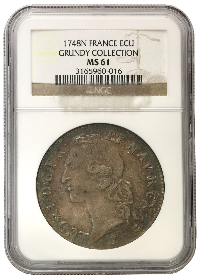 Francja. Ludwik XV. Ecu 1748 N, Montpellier NGC MS61